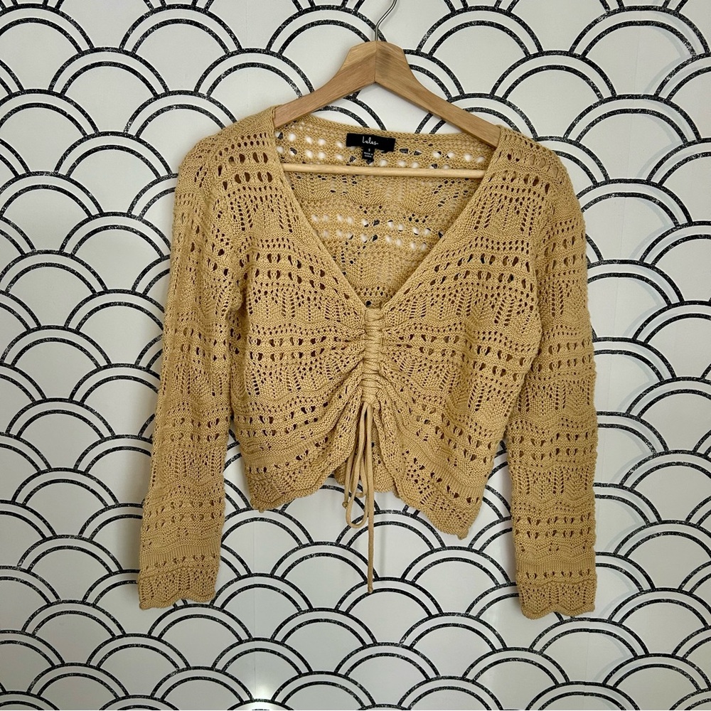 Lulus Only Yours Beige Sheer Crochet Ruched Sweater Top Small - Picture 3 of 7